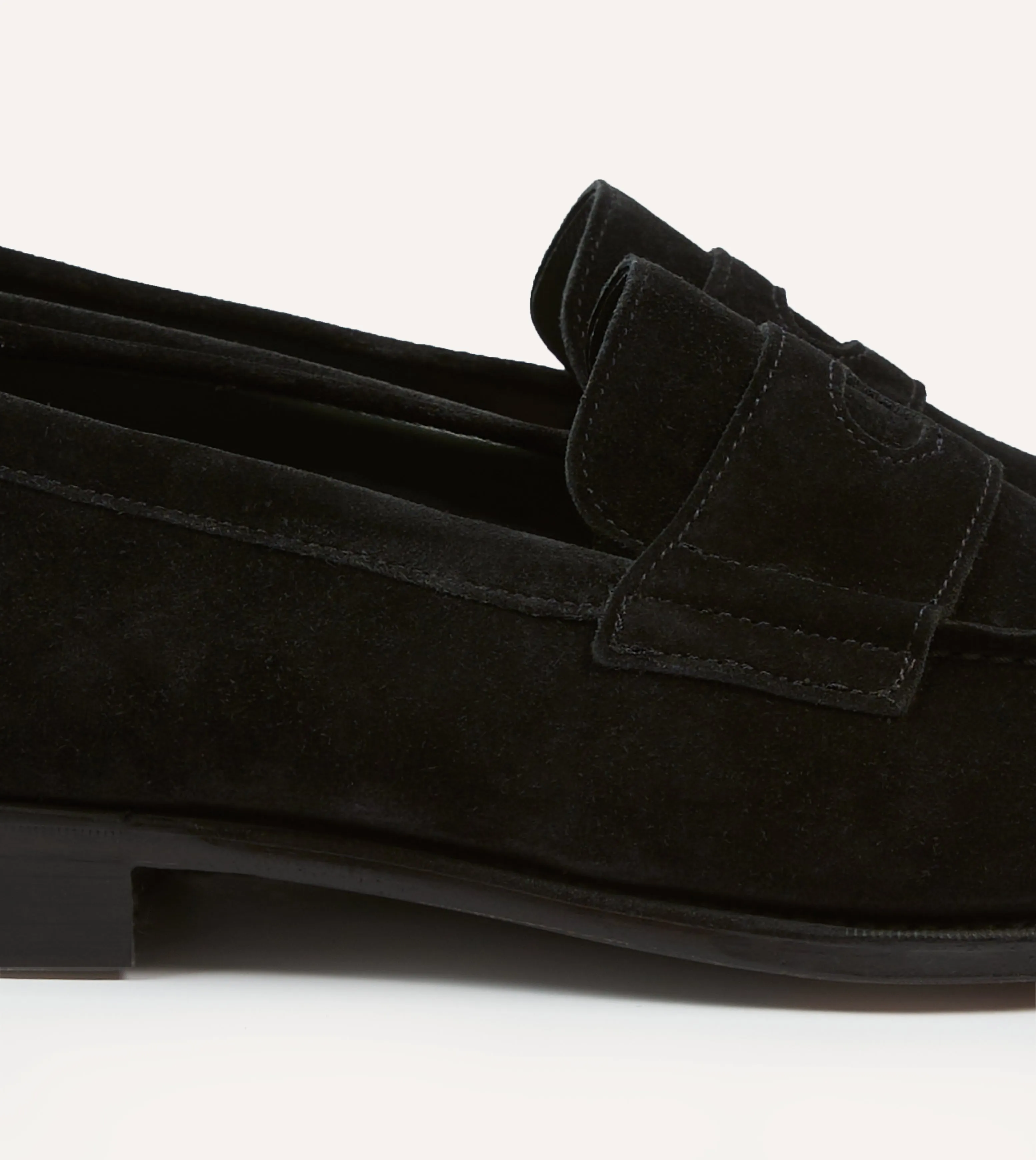 spring styles Drake's by A. Levine Black Suede Charles Mk II Goodyear Welted Penny Loafer