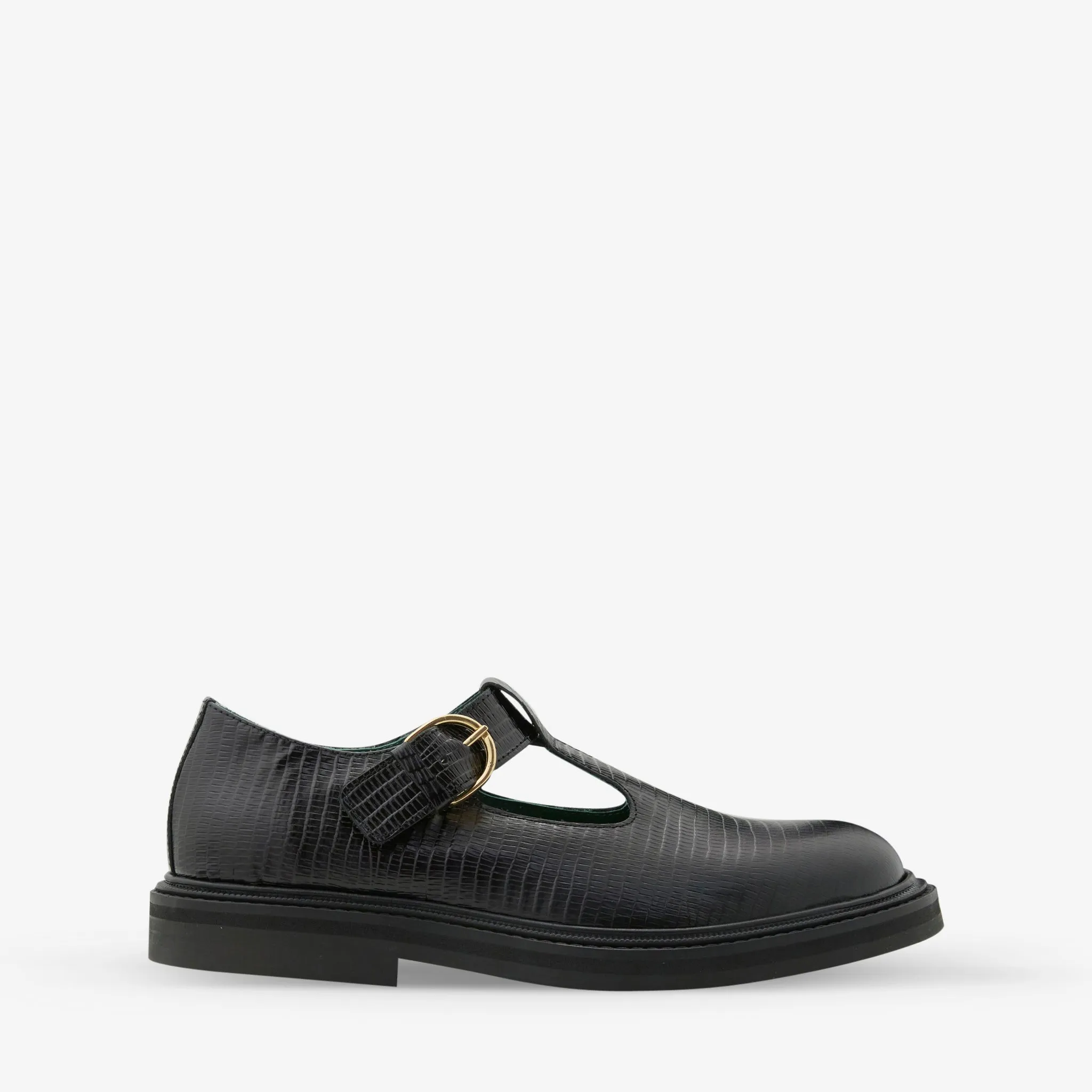 Vinnee T-Strap Derby Black Lizard Pattern Low Step