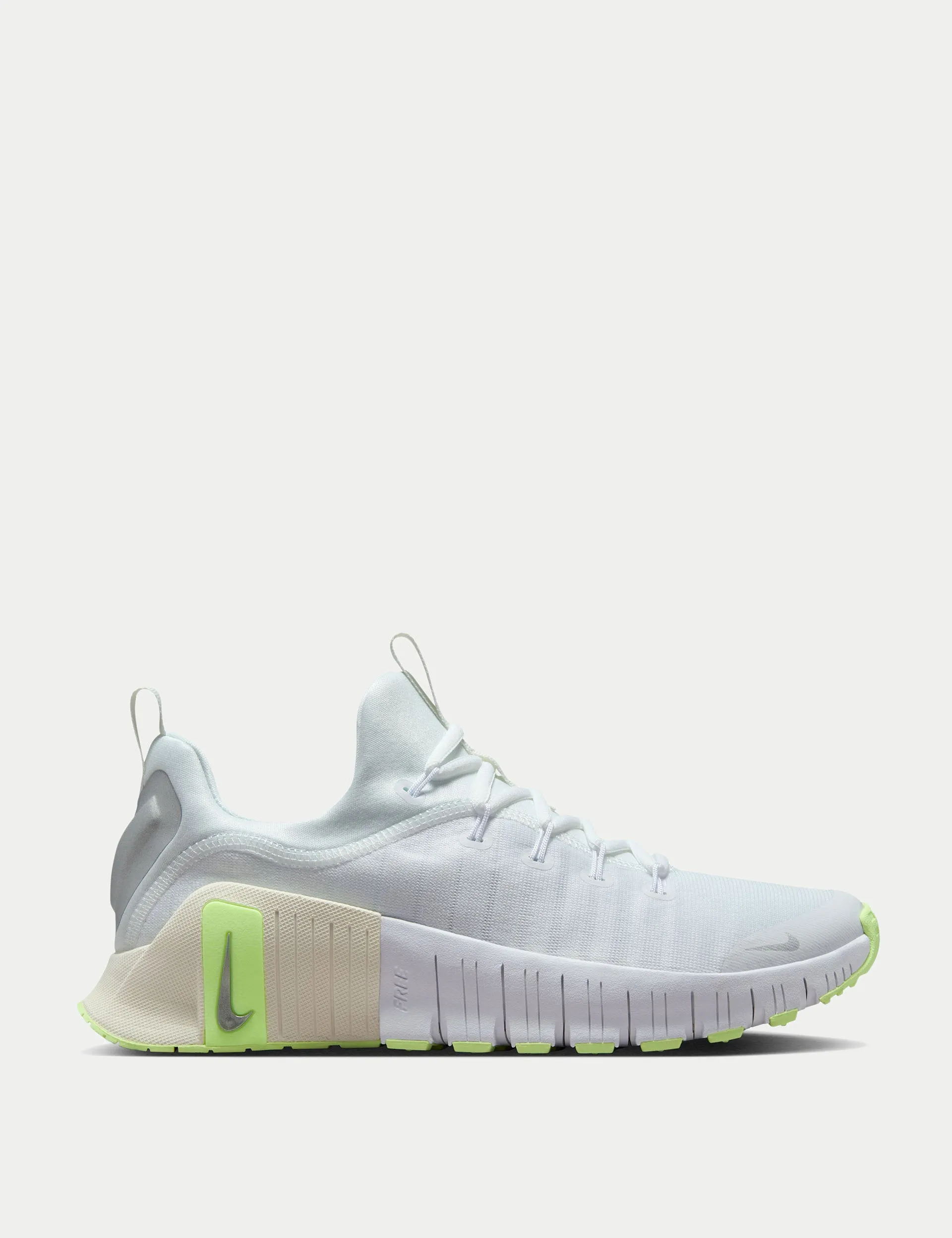 Glam silhouette Hexagonal Grip Tread Free Metcon 6 Shoes - White/Metallic Silver/Barely Volt/Sail