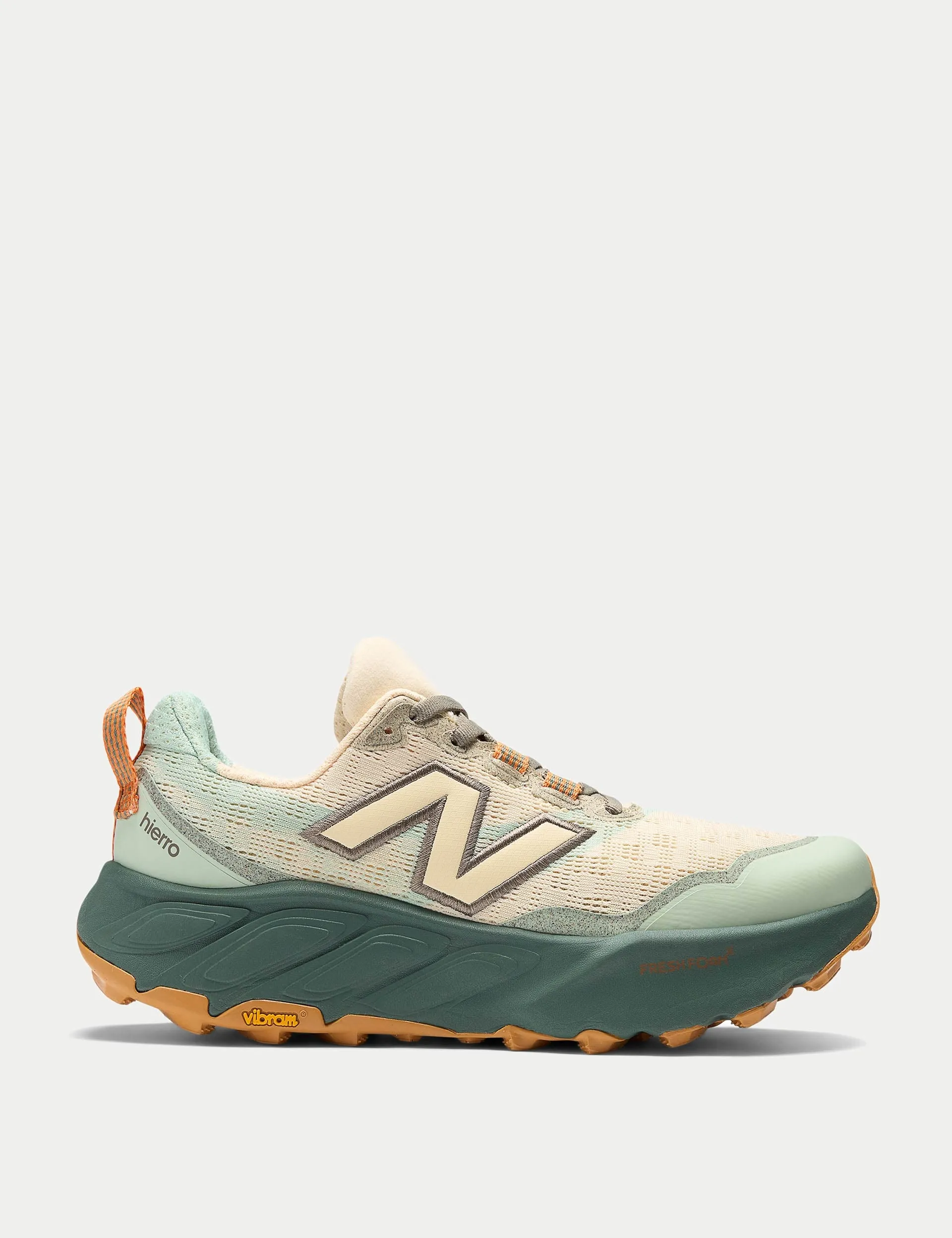 Fresh Foam X Hierro v9 Shoes - Calcium/Dark Juniper Cushioned - tongue running with a molded insole
