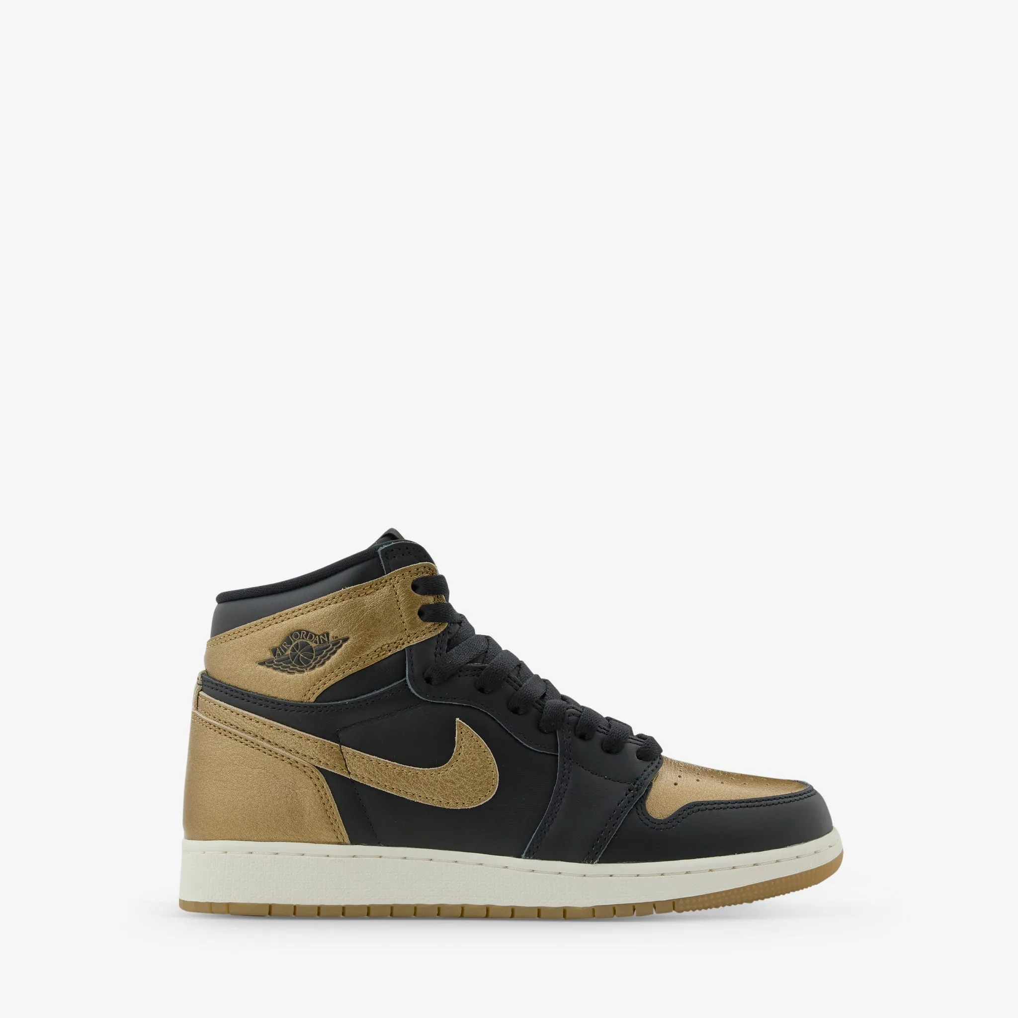 Log Hike Chic Footwear Grade School Air Jordan 1 High OG Black | Metallic Gold | Sail