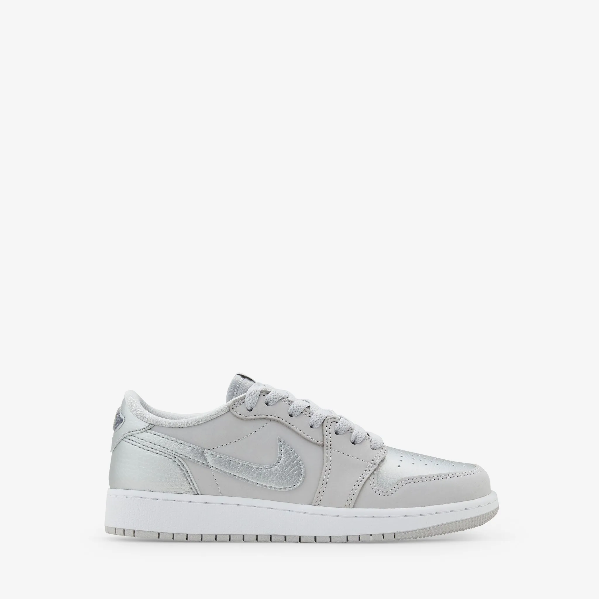 Cozy Interior Grade School Air Jordan 1 Low OG Neutral Grey | Metallic Silver | White