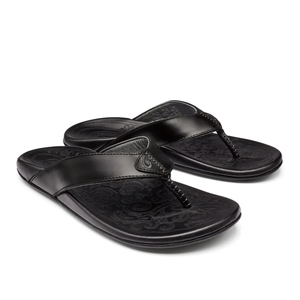 Foot Friendly Olukai Mekila Leather Beach Sandals - 10488-4040 Black