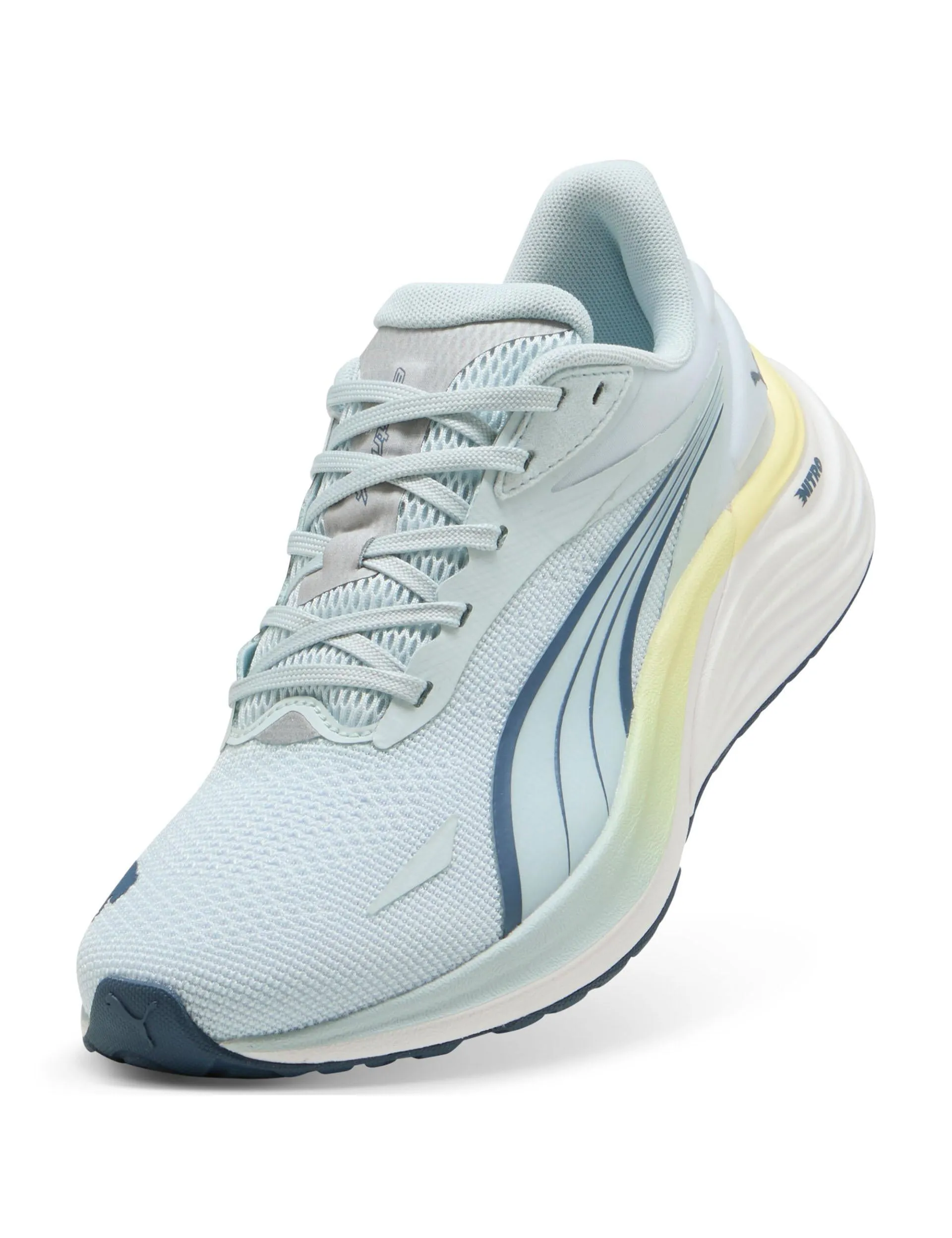 Electrify NITRO 4 Running Shoes - Sea Glass/Dark Indigo/Grey Echo running on a gravel track shoes