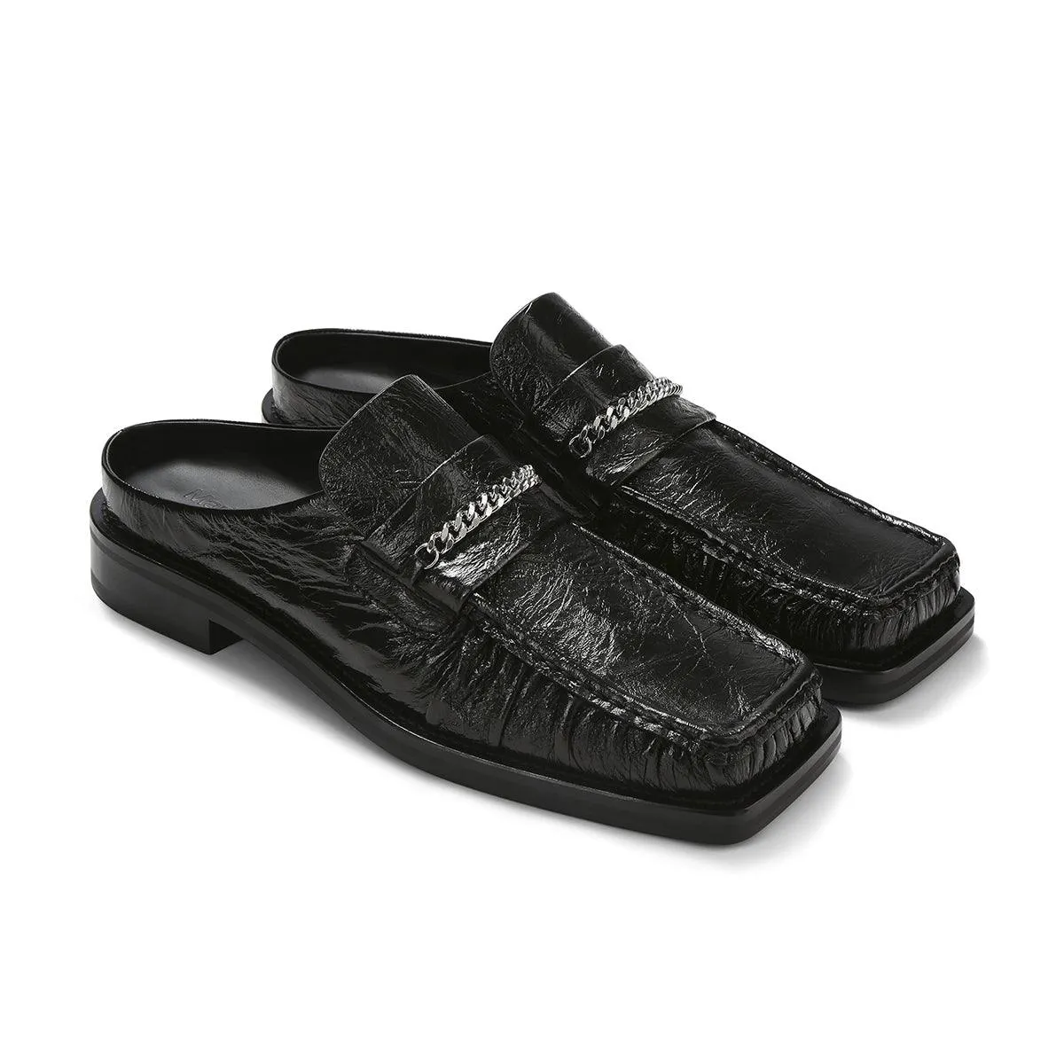 Square Toe Mule 'Black High Shine' Fur Trim