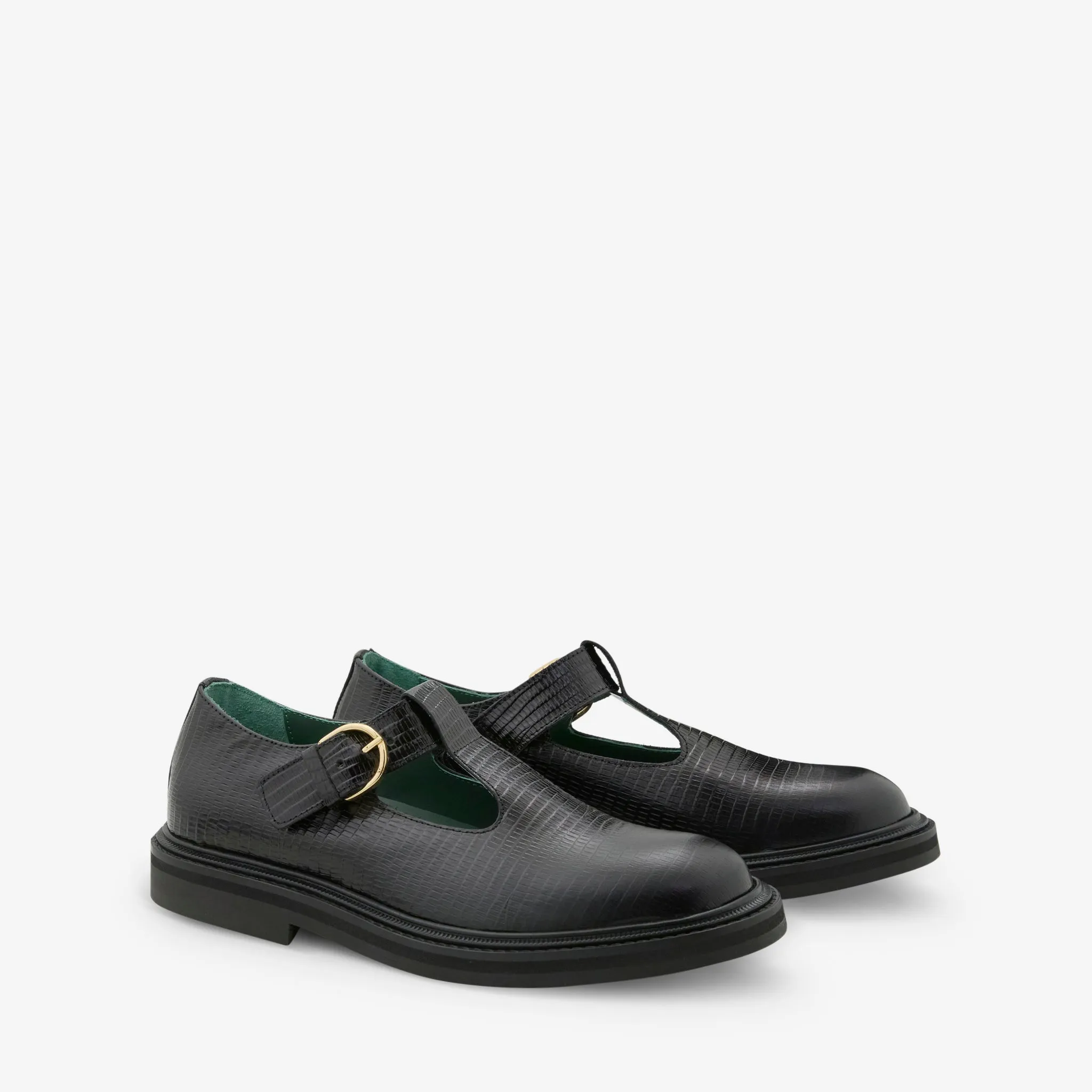 Relaxed Motion Stripe Mood Women's Vinnee T-Strap Derby Black Lizard Pattern