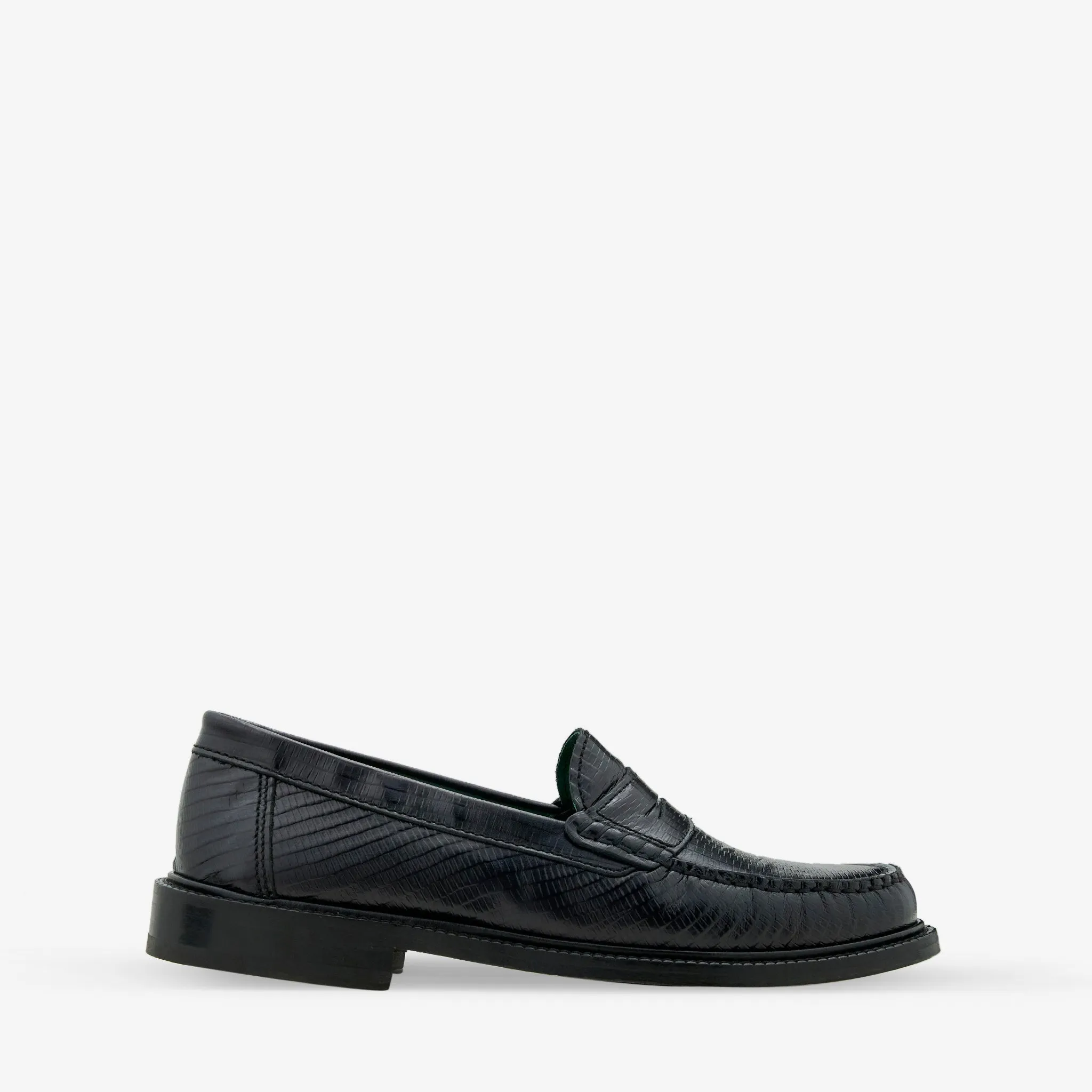 Flat footbed comfort feature Yardee Moccassin Loafer Black Lizard Pattern